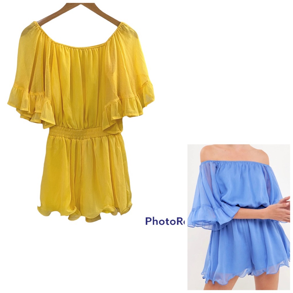 ENDLESS ROSE Yellow Off Shoulder Ruffle Shorts Romper